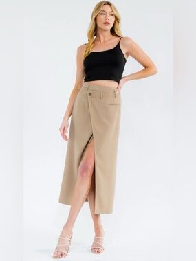 A327. High-Waist Beige Midi Skirt with Asymmetrical Front Slit